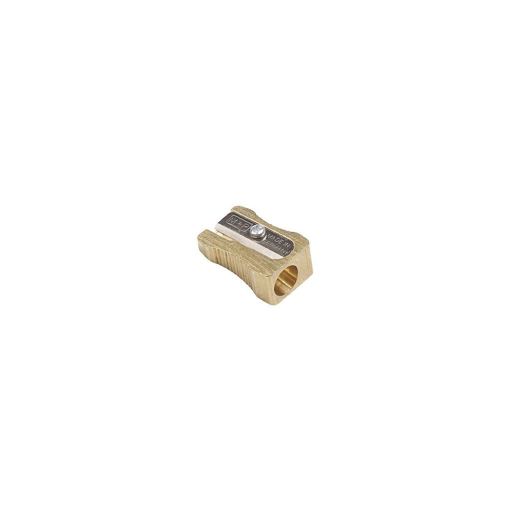 Brass single pencil sharpener on white background
