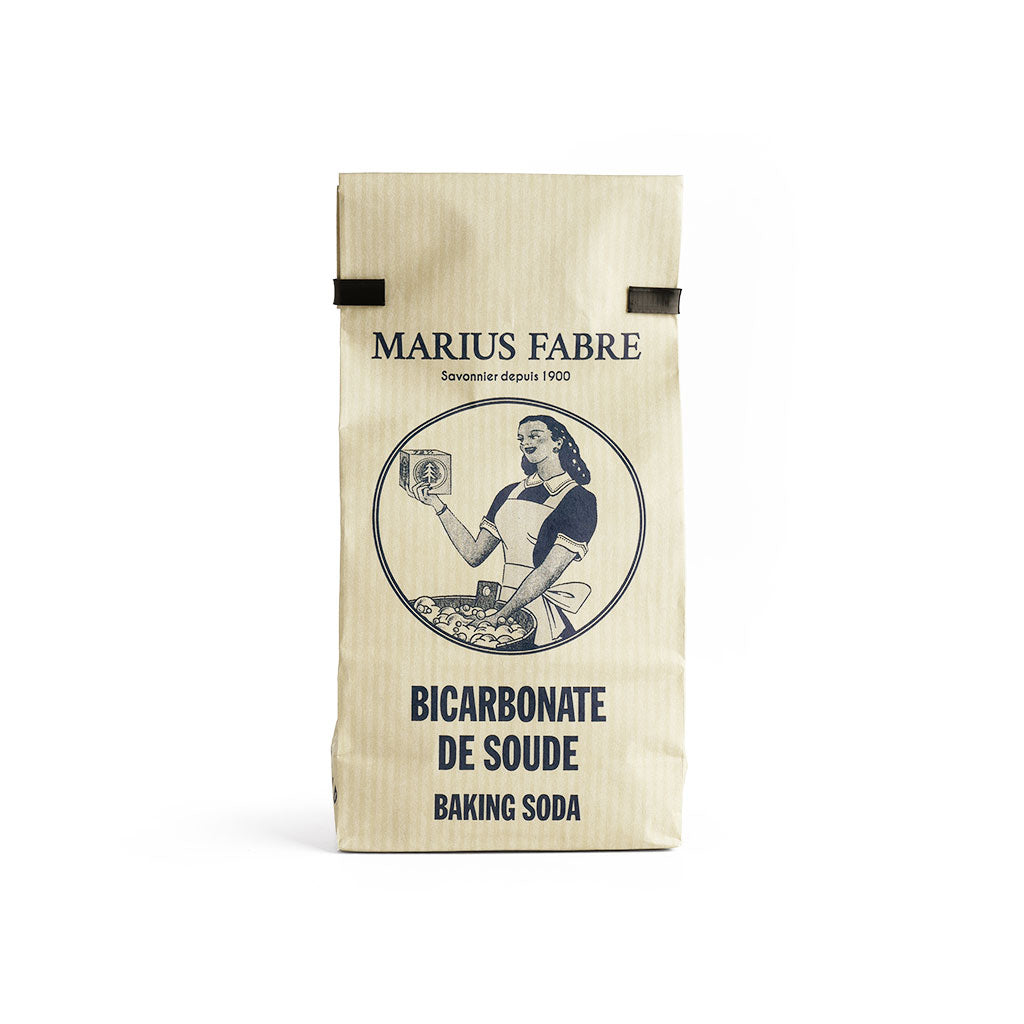 A vintage-style paper bag of Marius Fabre Baking Soda (Bicarbonate de Soude) on a clean white background. 