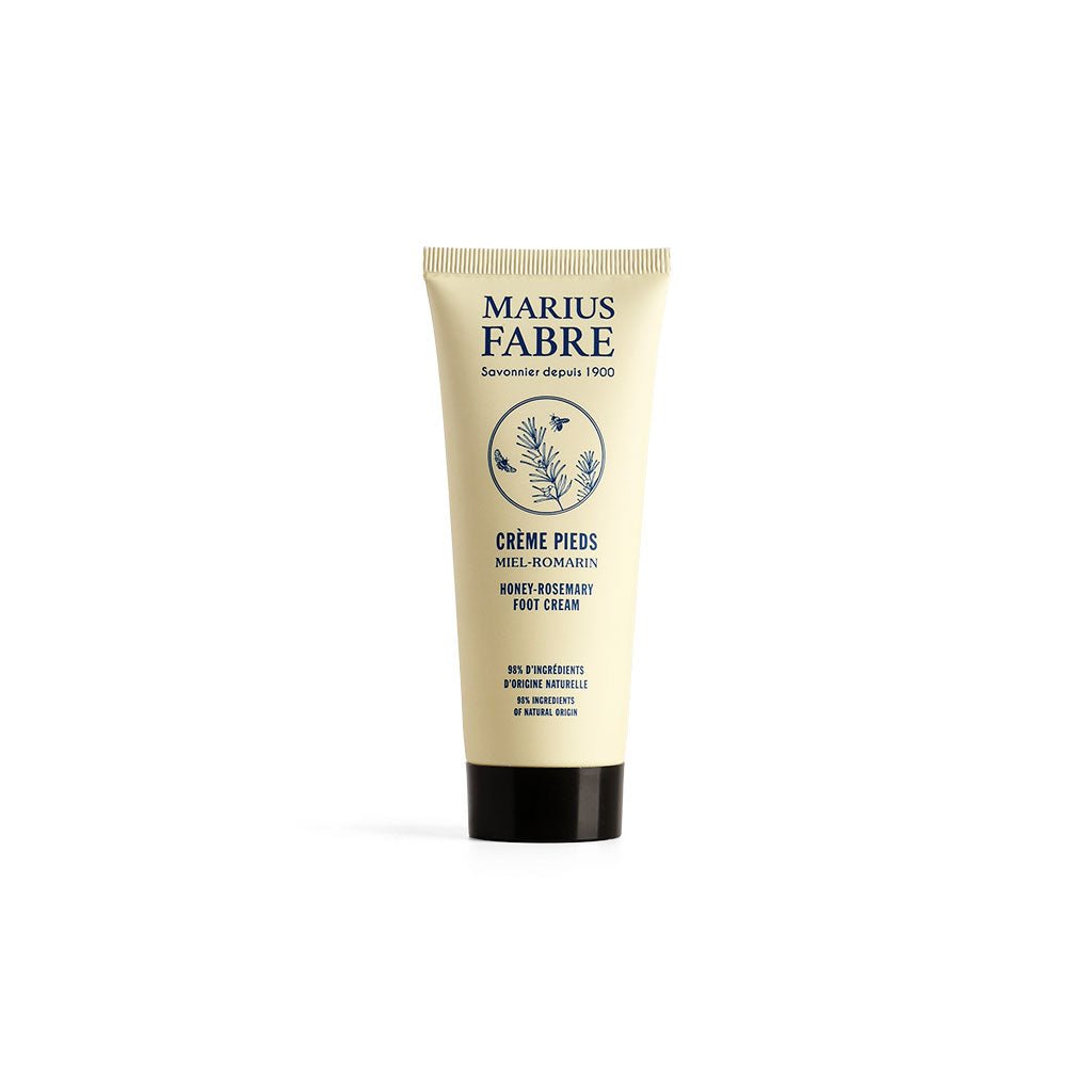 Cream colored tube of Marius Fabre honey and rosemary foot cream lotion. 