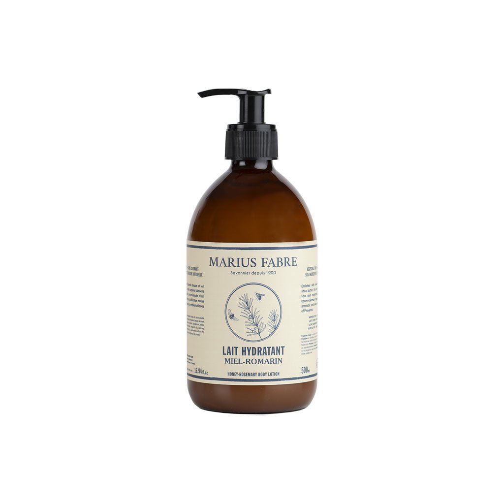 A deep brown with a black pump and a label with words and an illustration of bees and plants. 