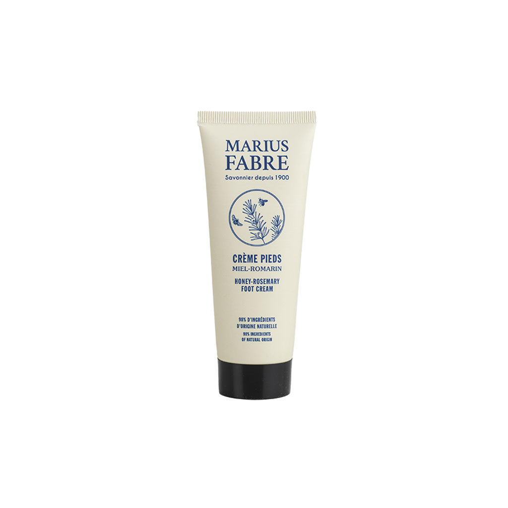 Tube of Marius Fabre honey and rosemary foot cream lotion on white background