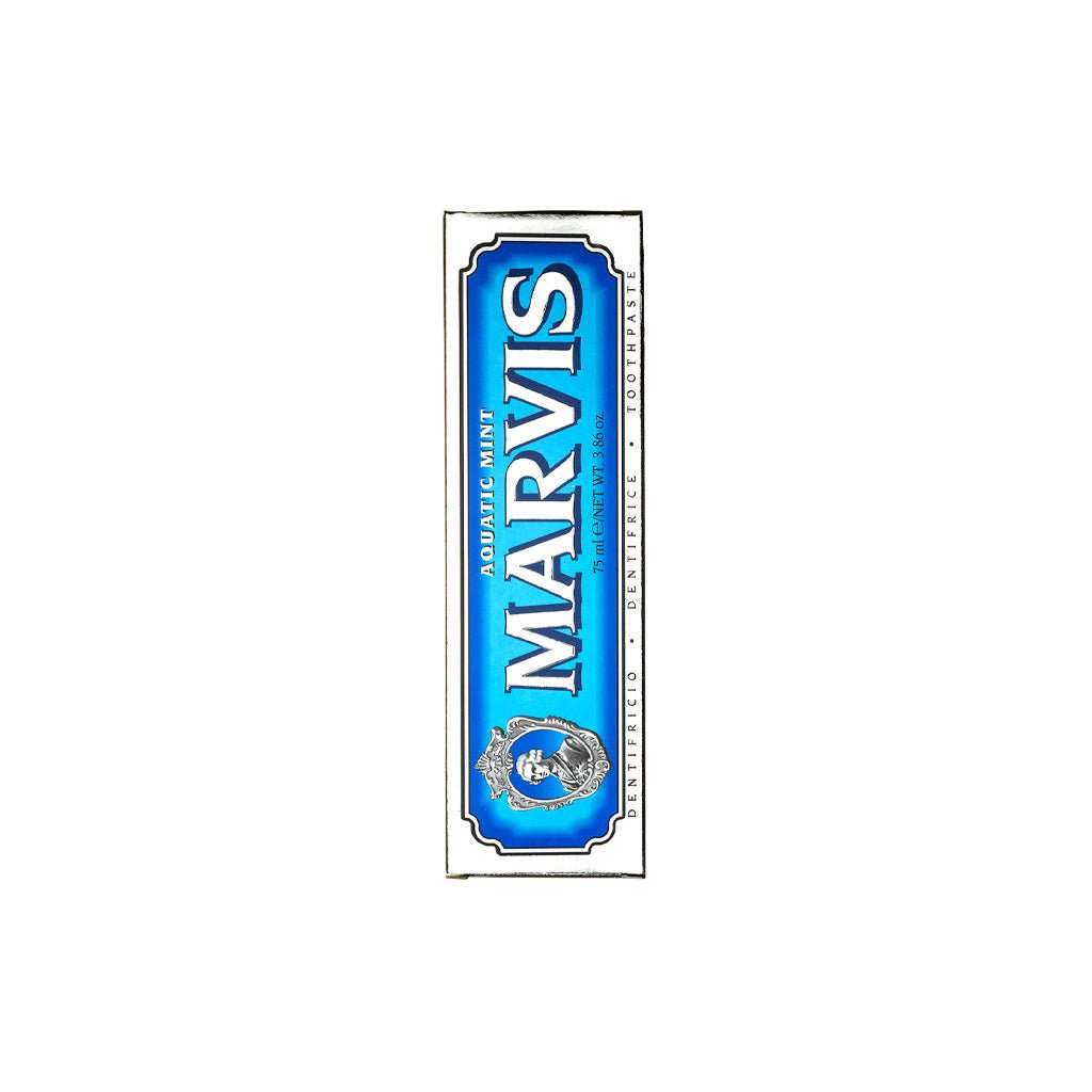 Box of Marvis Aquatic Mint toothpaste.