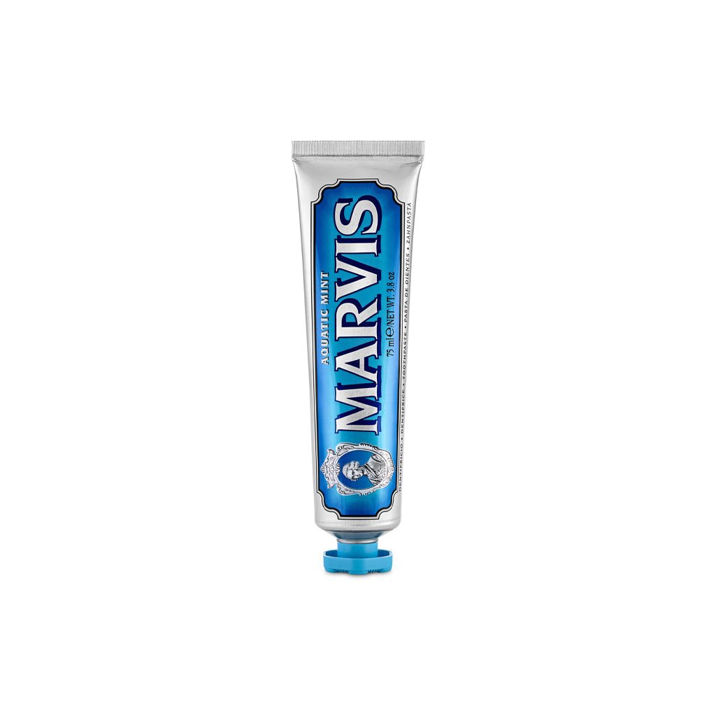 Tube of Aquatic Mint Marvis toothpaste.