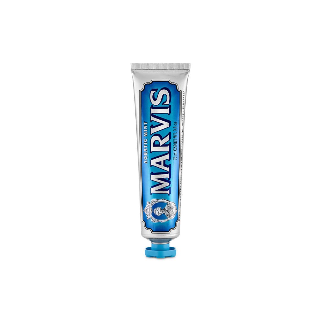 Tube of Marvis aquatic mint toothpaste.
