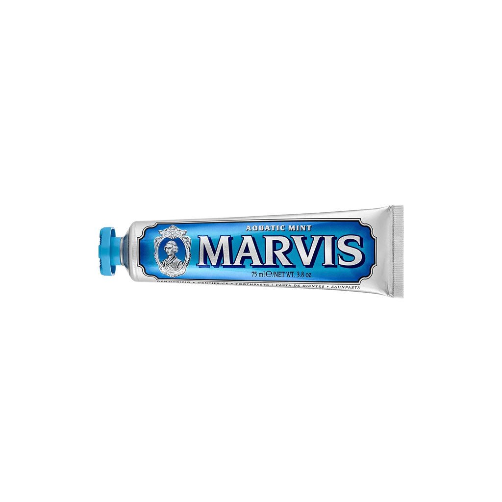 Blue aquatic mint marvis toothpaste tube on white background
