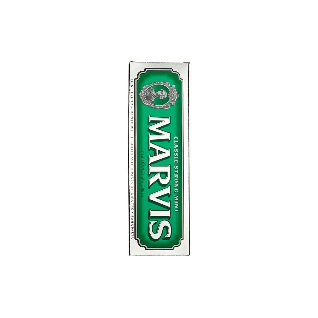 Box of Classic Strong Mint Marvis toothpaste on white background.