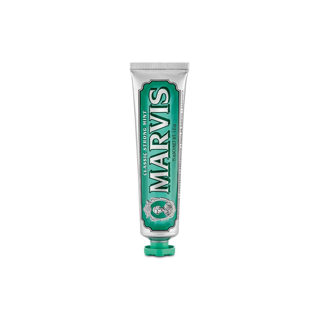 Tube of Classic Strong Mint Marvis toothpaste.