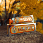 Tube of Ginger Mint toothpaste on top of orange box in front of natural background.