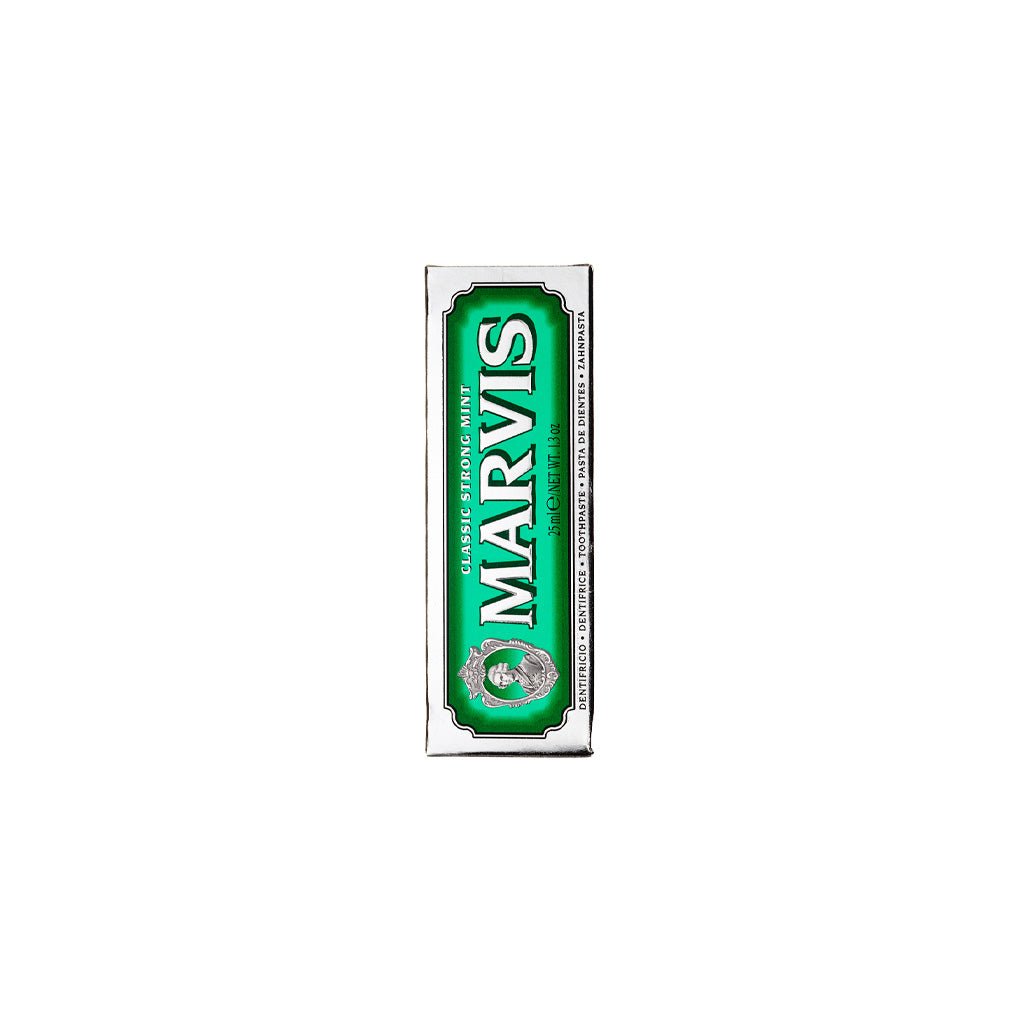 Green box of Marvis Classic Strong Mint toothpaste.