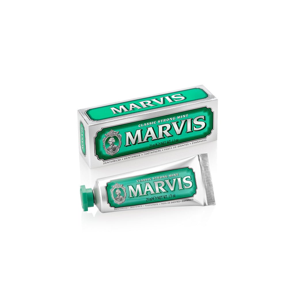 Box and tube of Marvis Classic Strong Mint toothpaste.