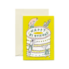 Birthday card with large cake and people working on it