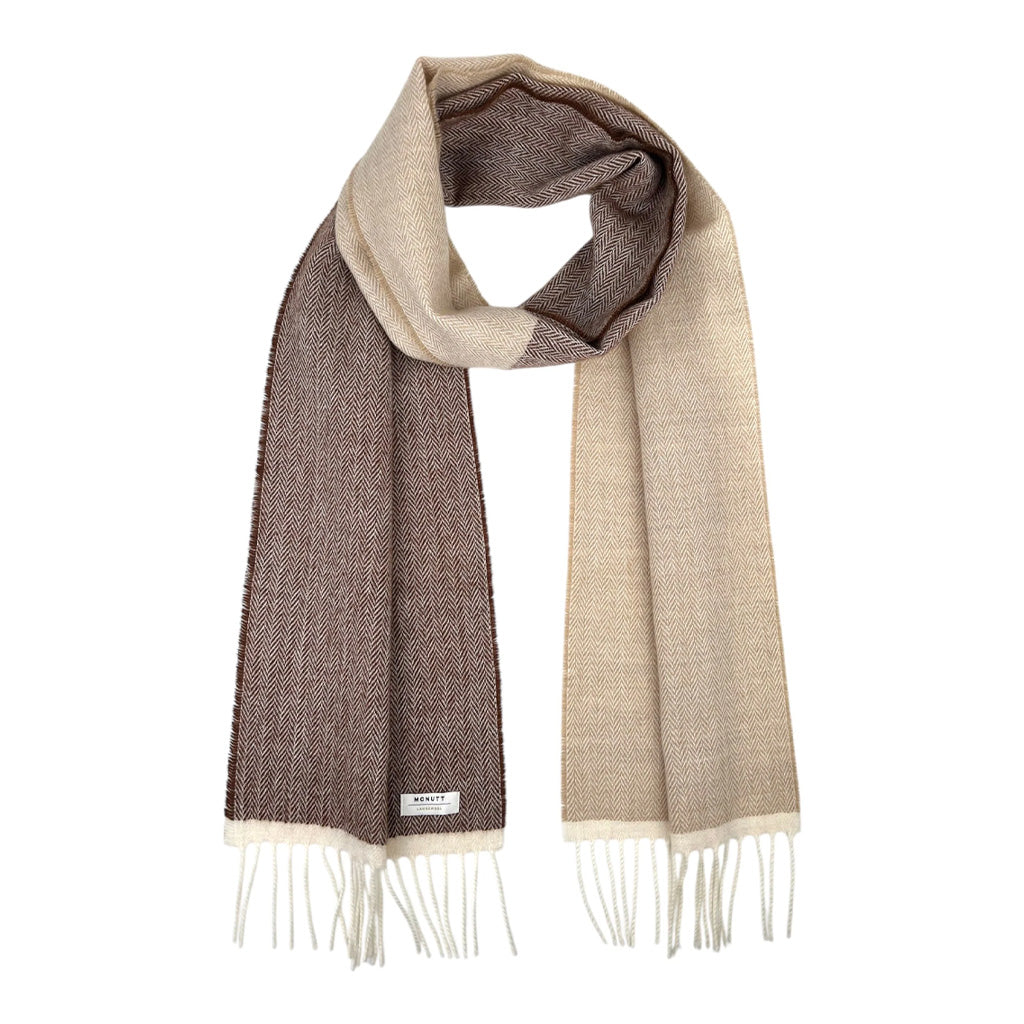 A neutral two-toned lambswool scarf on white background.