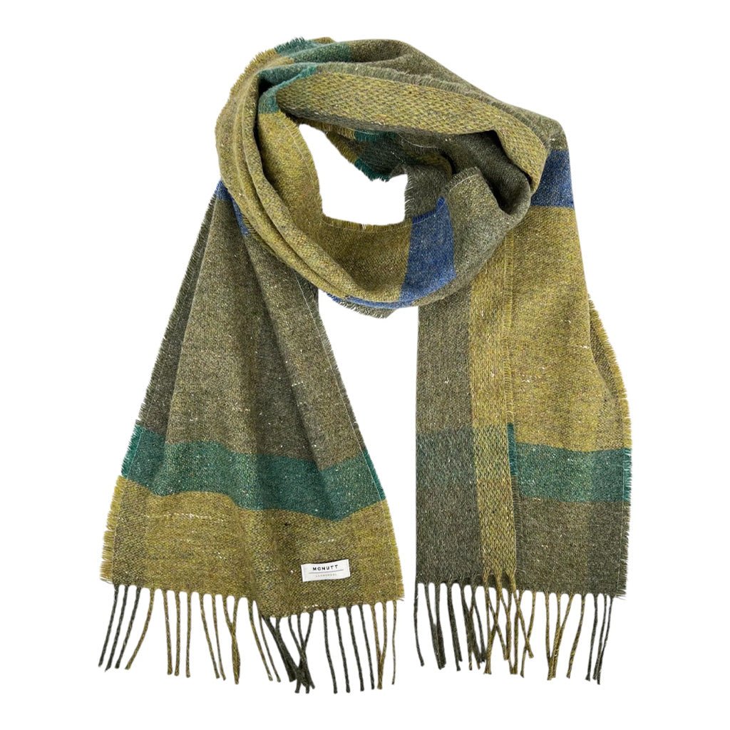 Green and blue wool scarf in loop on white background.