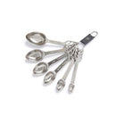 Set of stainless steel measuring spoons with a white background