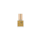 Gold perfume bottle with geometric design on a white background