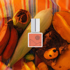 Perfume bottle surrounded by autumnal fruits and vegetables 