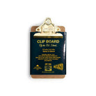 Small mini clipboard with blue label and gold hardware on white background
