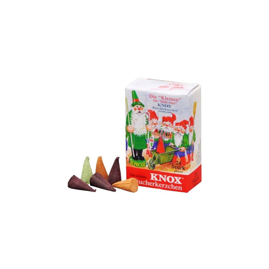 Small box of mini KNOX incense variety pack next to incense cones on white background