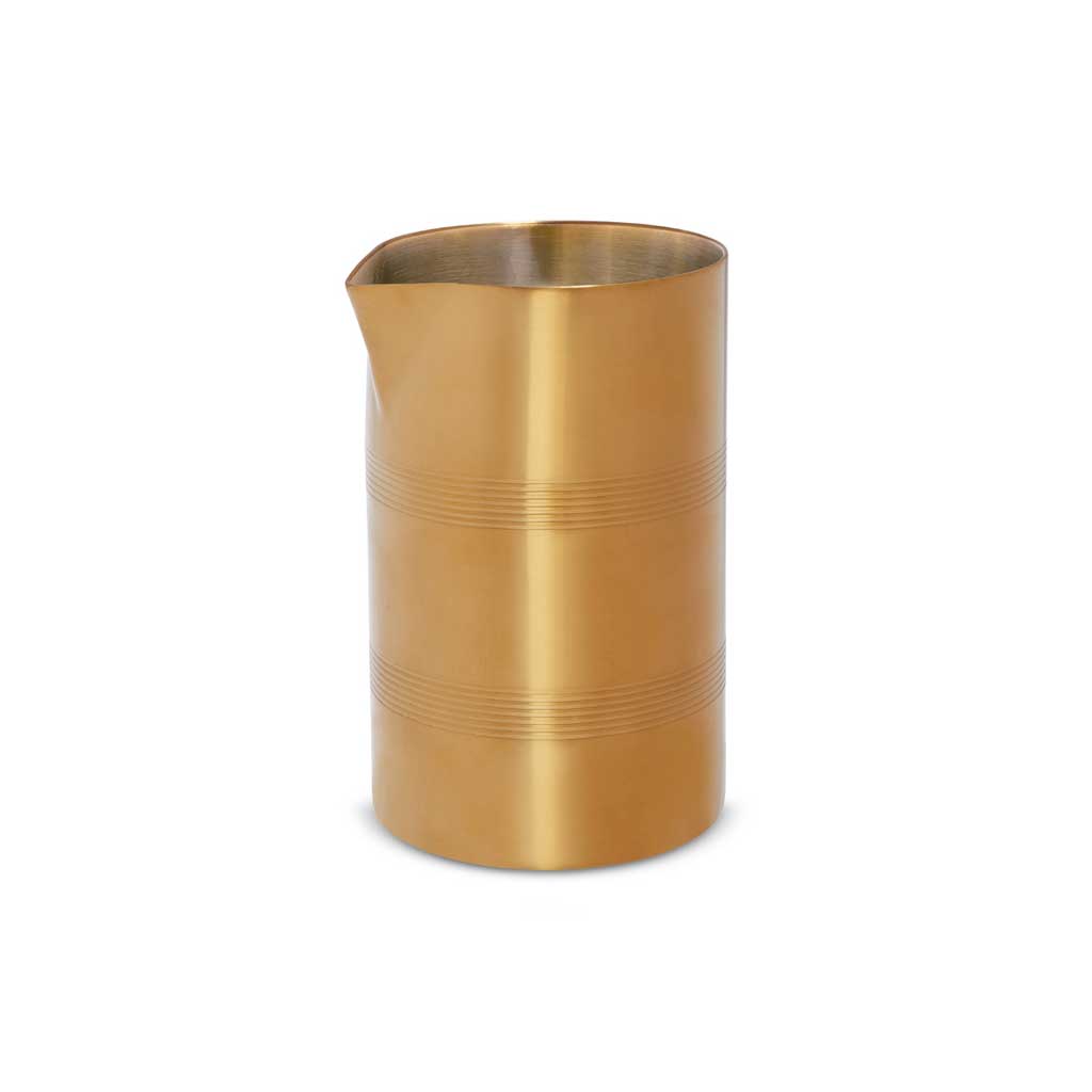Gold-plated stainless steel banded cocktail mixtin with spout on white background