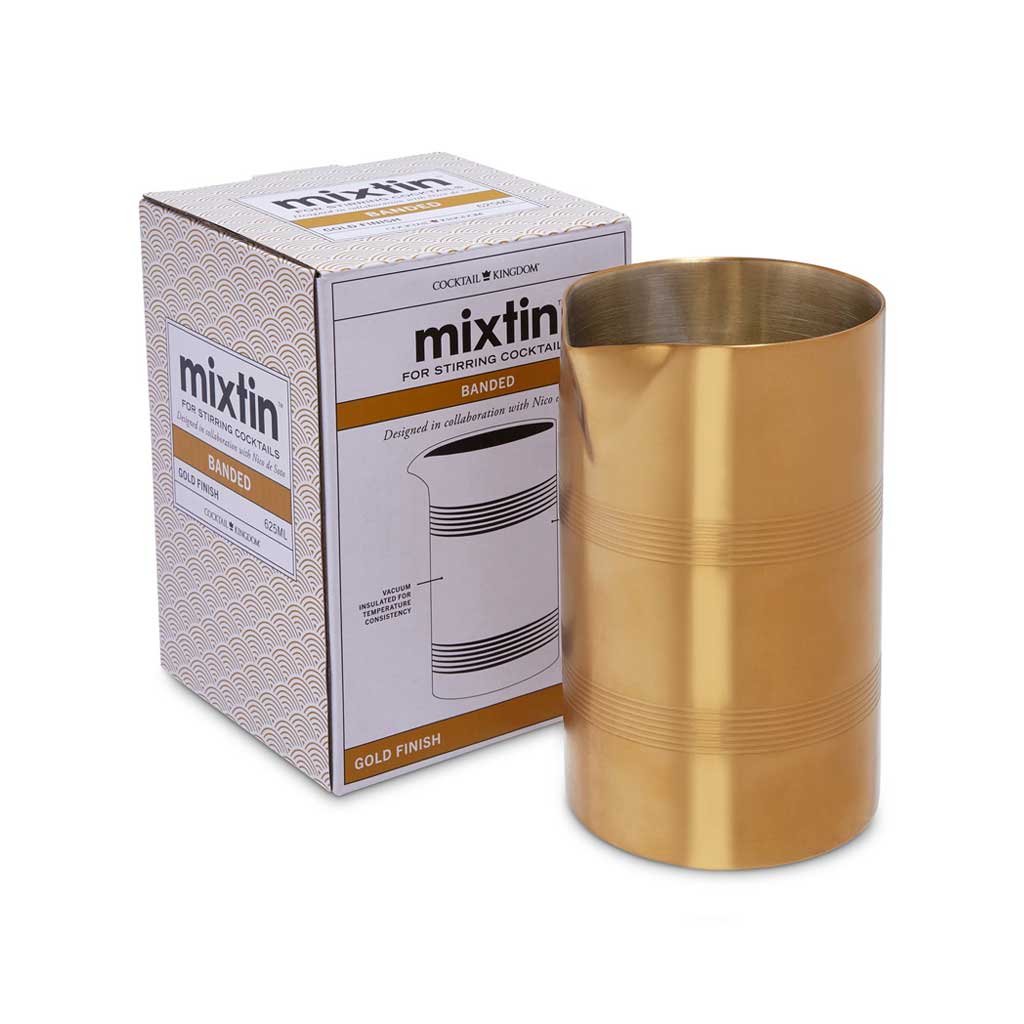 Gold mixing cup with 'mixtin' packaging on a white background