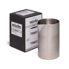 Stainless steel mixing cup with 'mixtin' packaging on a white background