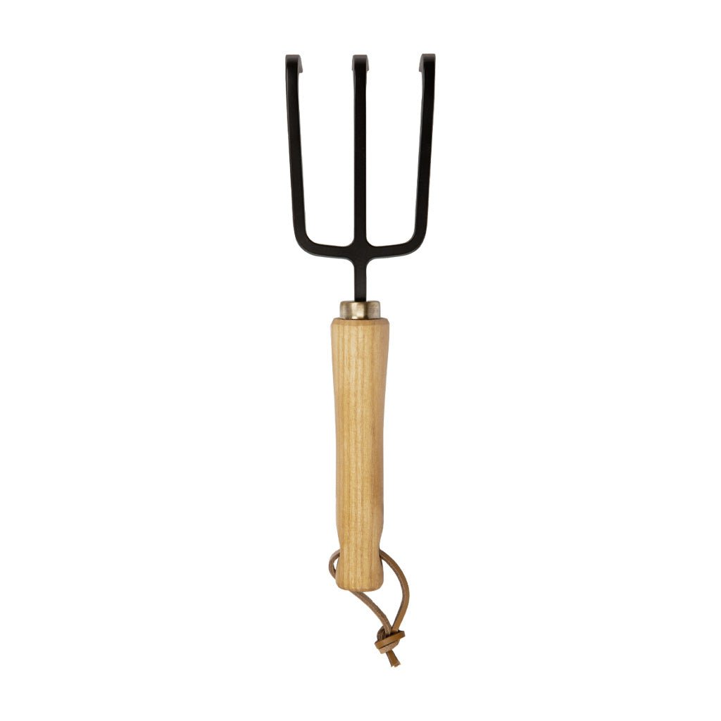 Carbon steel clawed cultivator gardening tool with leather loop on white background