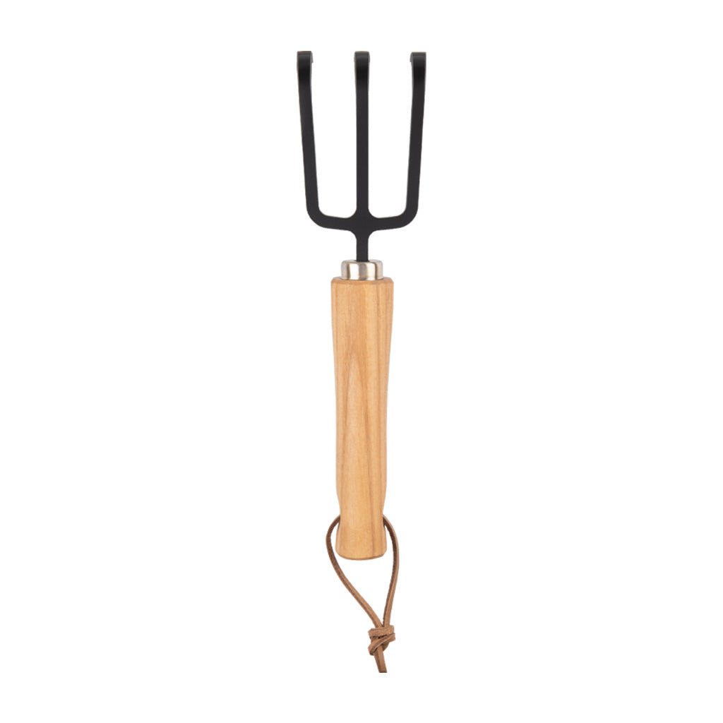 Gardening tool with black metal prongs and wooden handle on a white background