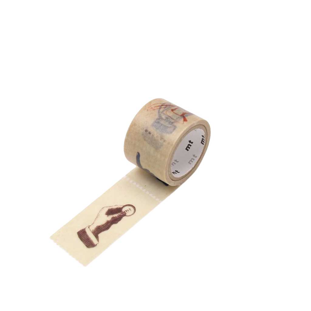 Roll of masking tape with a printed pointing hand designs on a white background