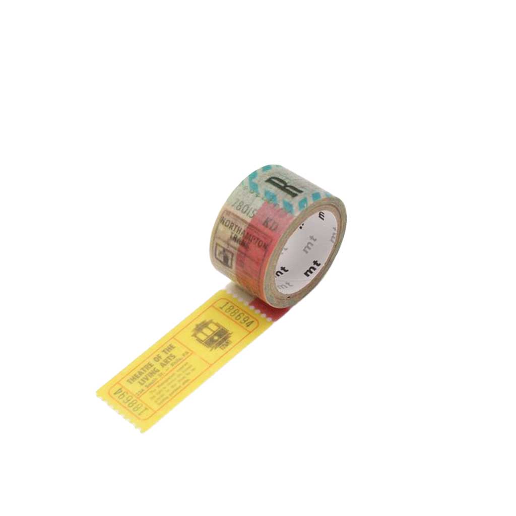 Roll of decorative washi tape with vintage ticket stub designs on white background