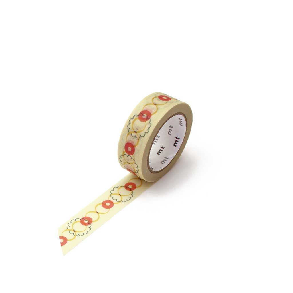 Roll of decorative washi tape with floral pattern and buttons on a white background