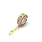 Roll of decorative washi tape with floral pattern and buttons on a white background