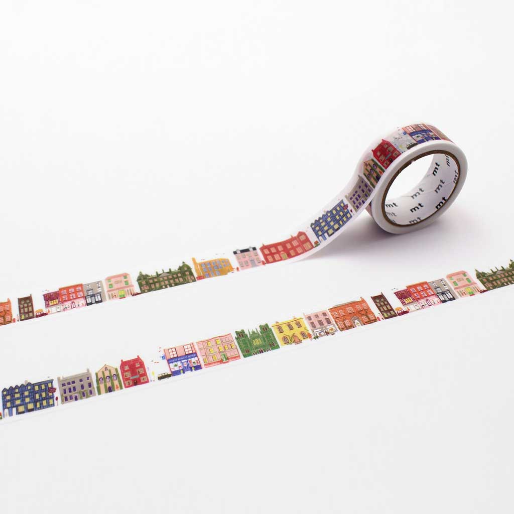 Decorative tape with colorful house design on a white background