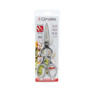 Packaged kitchen shears with '3 Claveles' branding on a white background