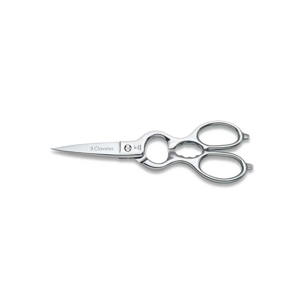 Multi-purpose stainless steel kitchen shears on white background