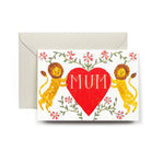 A mother's day greeting card with two lions around a red heart with "Mum" in the center with beige envelope on white background