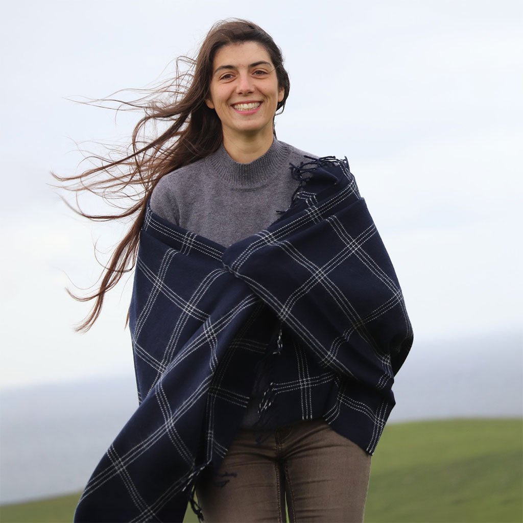 Navy Windowpane Merino Lambswool Blanket Scarf Boston General Store