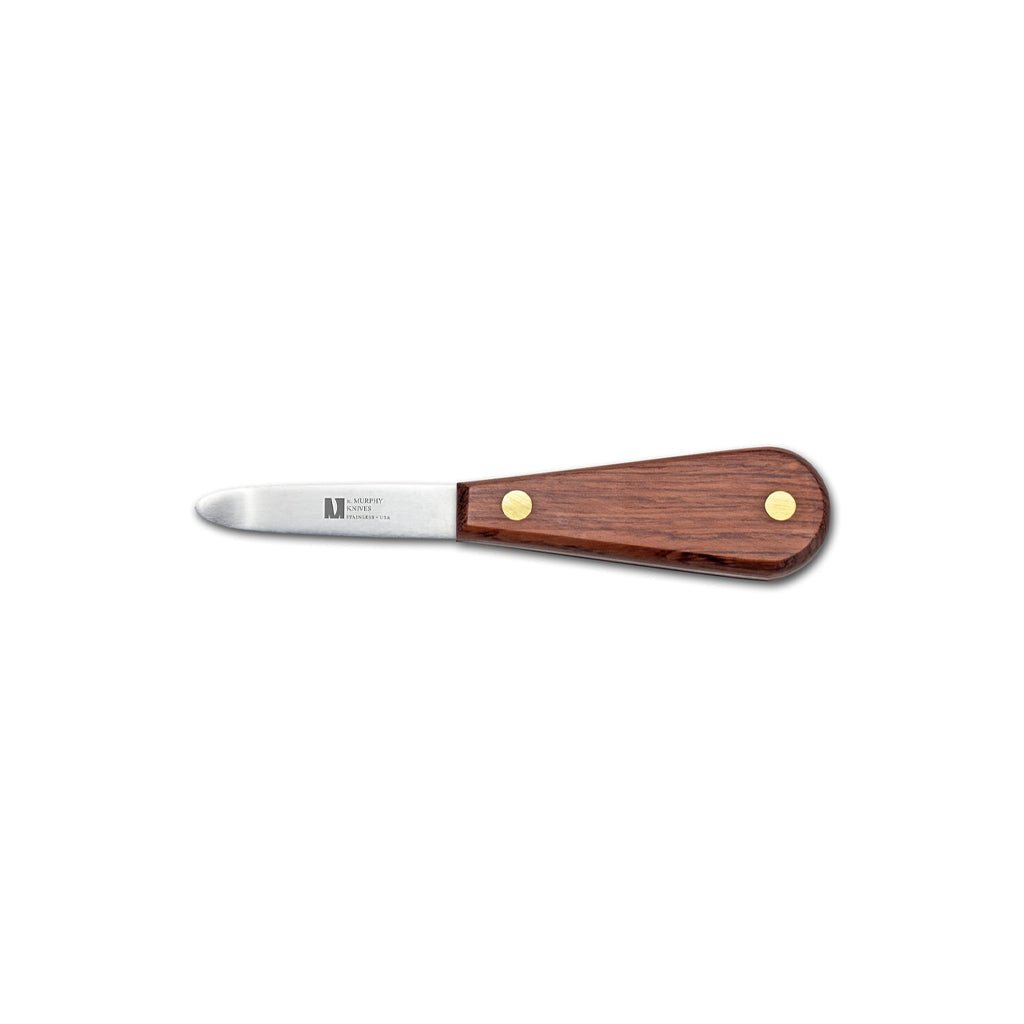 Oyster shucking knife with curved blade and rosewood handle on white background