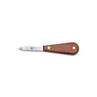 Oyster shucking knife with curved blade and rosewood handle on white background