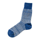 A single blue and white jacquard wool sock.