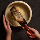 Hands holding spatula with piece of salmon above plate of food.