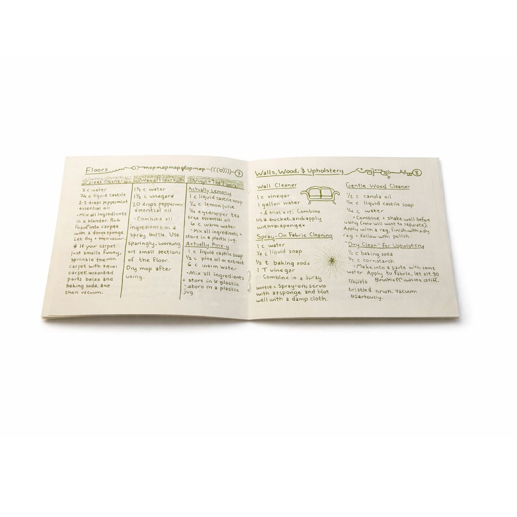 Inside view of housecleaning booklet with detailed instructions for floors, walls, and upholstery
