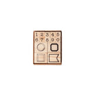 Set of wooden stamps with numbers and decorative frame designs on white background