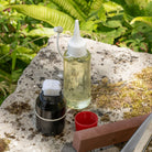 Bottle of camellia oil next to black oil dispenser and sharpening stone on natural background