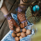 Hands wearing patterned wool wristwarmers and placing eggs onto cloth.