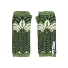 Outside pattern of green knit wool wristwarmers with white details.