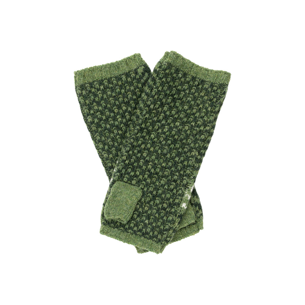 Inside pattern of green knit wrist warmers.