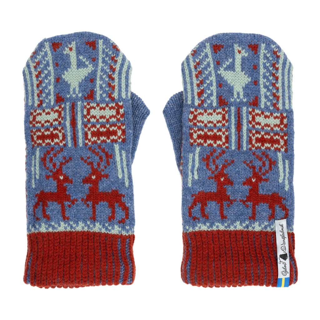 Front of pair of wool mittens with red and blue design.