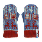 Front of pair of wool mittens with red and blue design.