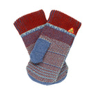 Inside of wool mittens with red and blue pattern.