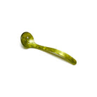 Olive green slotted spoon with curved stem on white background